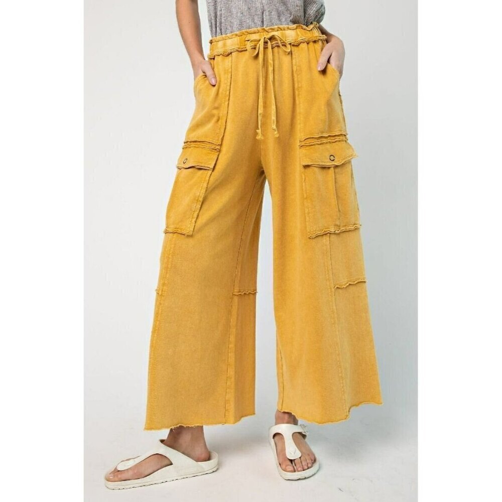 Netflix and Chill Mineral Washed Wide Leg Cargo Pants in Camel